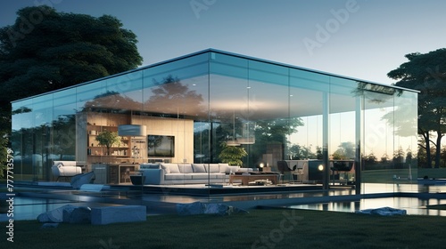 Modern glass house with minimalist design, and reflecting on a tranquil water surface. © Xfinity Stock