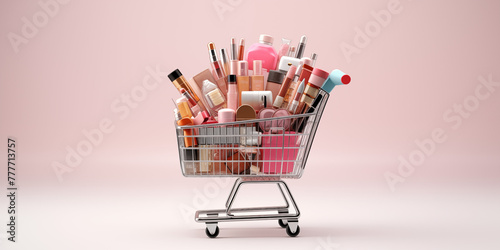 cosmetics with accessories in shopping cart filled with makeup isolated on HD background Online cosmetic Shopping concept 
