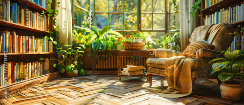 A Breath of Fresh Air: A Homely Space Enriched with Green Plants and Rustic Wooden Furniture, Offering a Natural Oasis