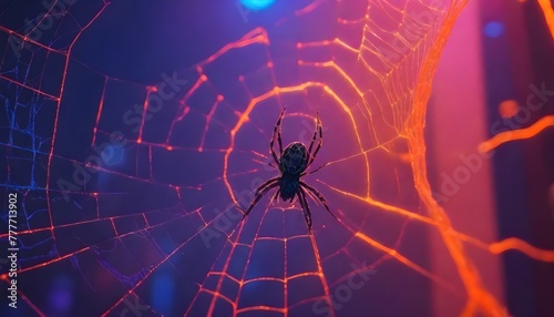 Close-up of a spider web with purple lighting against a dark background photo