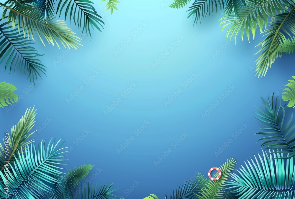 Lush palm leaves frame the corners with a round life float in the bottom center on a cool blue ombre background