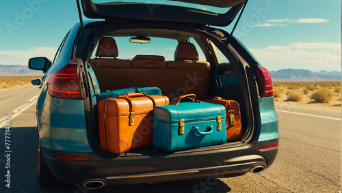Car with open trunk, suitcases on the road, summer