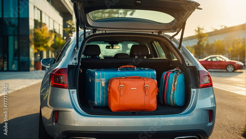 Car with open trunk, suitcases on the road, summer transportation