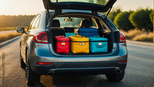 Car with open trunk, suitcases on the road, summer
