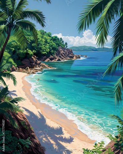 Tropical beach paradise  clear blue water  summer vacation  palm trees wallpaper  nature background 