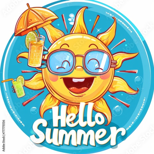 A cheerful sun character with glasses and a drink illustrating the happiness and carefree vibes of summer days
