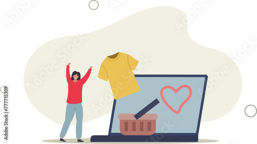Characters buying recycling eco friendly clothes and textile consciously.woman buyer rejoices at new things