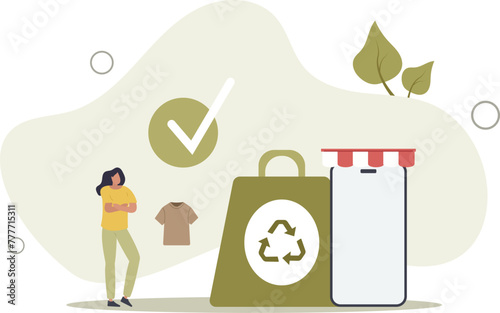 Characters buying recycling eco friendly clothes and textile consciously.concept of responsibility and conservation of the environment