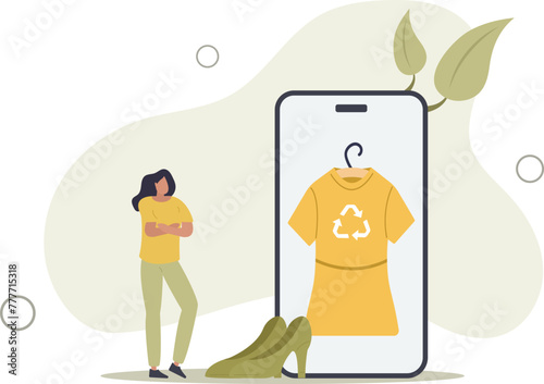 Characters buying recycling eco friendly clothes and textile consciously.woman buying dress and shoes.flat vector illustration