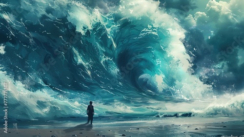 dream where person facing a giant wave in their dream, symbolizing overwhelming challenges or emotions