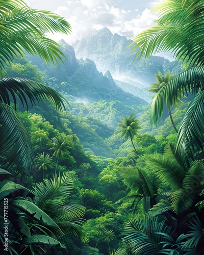 Tropical rainforest canopy view  dense foliage  ecosystem  jungle treetop  wallpaper  nature background 