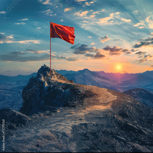 Road going to flag on mountain top, Business goals achievement concept
