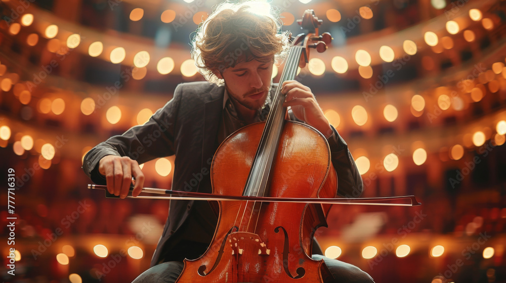 Fototapeta premium Cinematic shot of Male Cellist Playing Cello Solo on an Empty Classic Theatre Stage with Dramatic Lighting. Professional Musician Rehearsing Before the Start of a Big Show with Orchestra.
