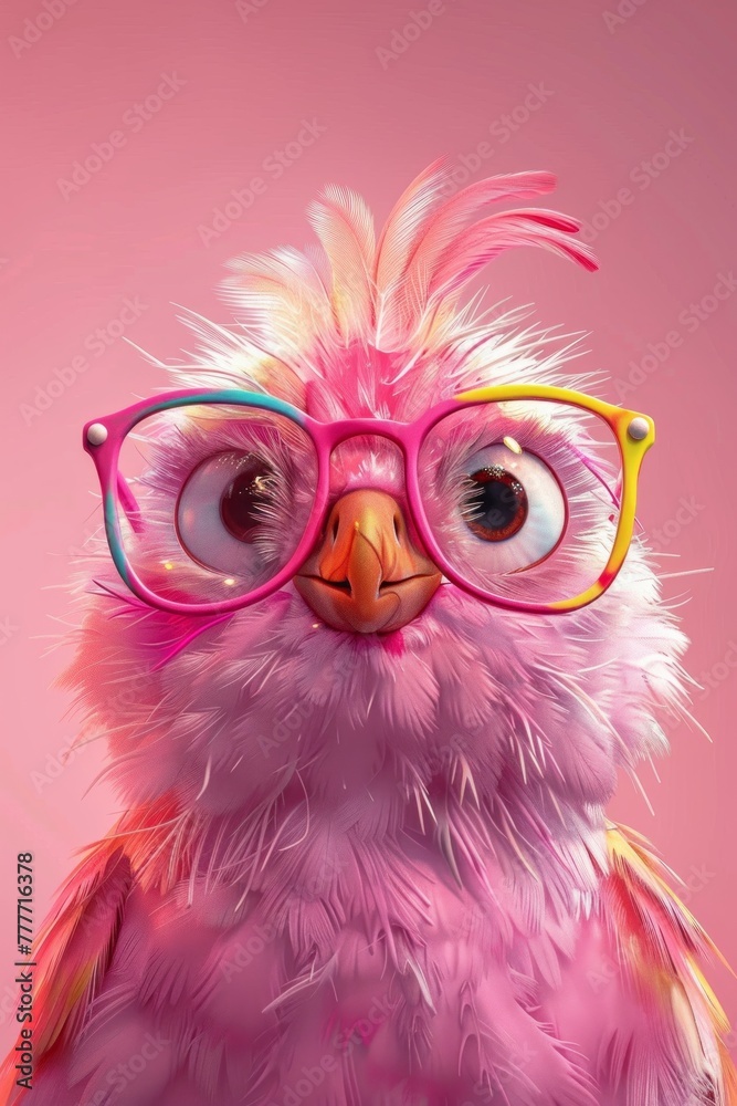 A charming illustration of a pink owlet with large expressive eyes and oversized glasses on a soft background