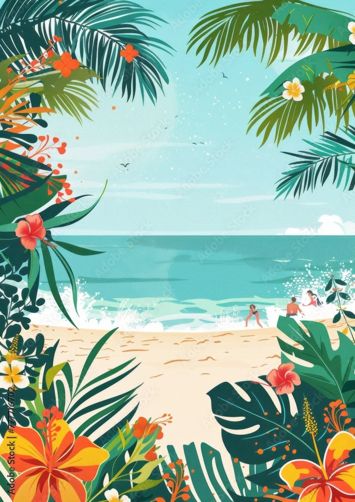 A picturesque beach scene depicting tranquil waters, colorful flowers, and lush greenery, inviting a sense of calm and escape