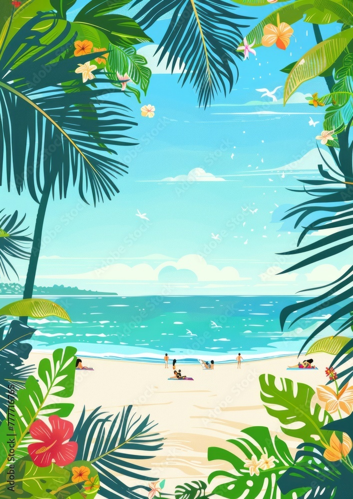 Warm tropical illustration featuring a serene beach scene with people relaxing under palm trees, enjoying the ocean view