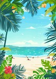 Warm tropical illustration featuring a serene beach scene with people relaxing under palm trees, enjoying the ocean view