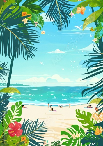 Warm tropical illustration featuring a serene beach scene with people relaxing under palm trees  enjoying the ocean view