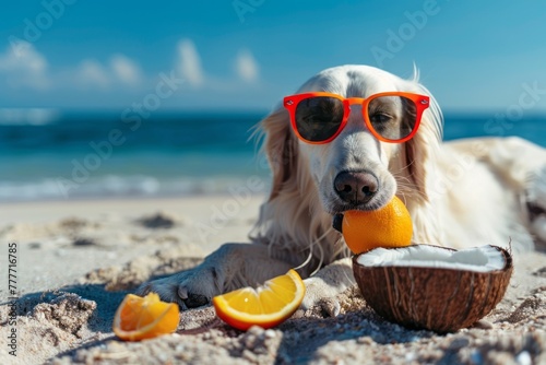 A dog with red sunglasses enjoys a bite of orange while lying next to a coconut on a sunny beach