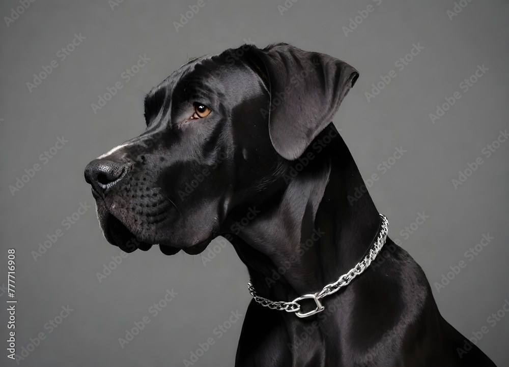 Black Great Dane zeus dog with a silver chain collar against a white background Black Great Dane zeus dog with a silver chain collar against a white background