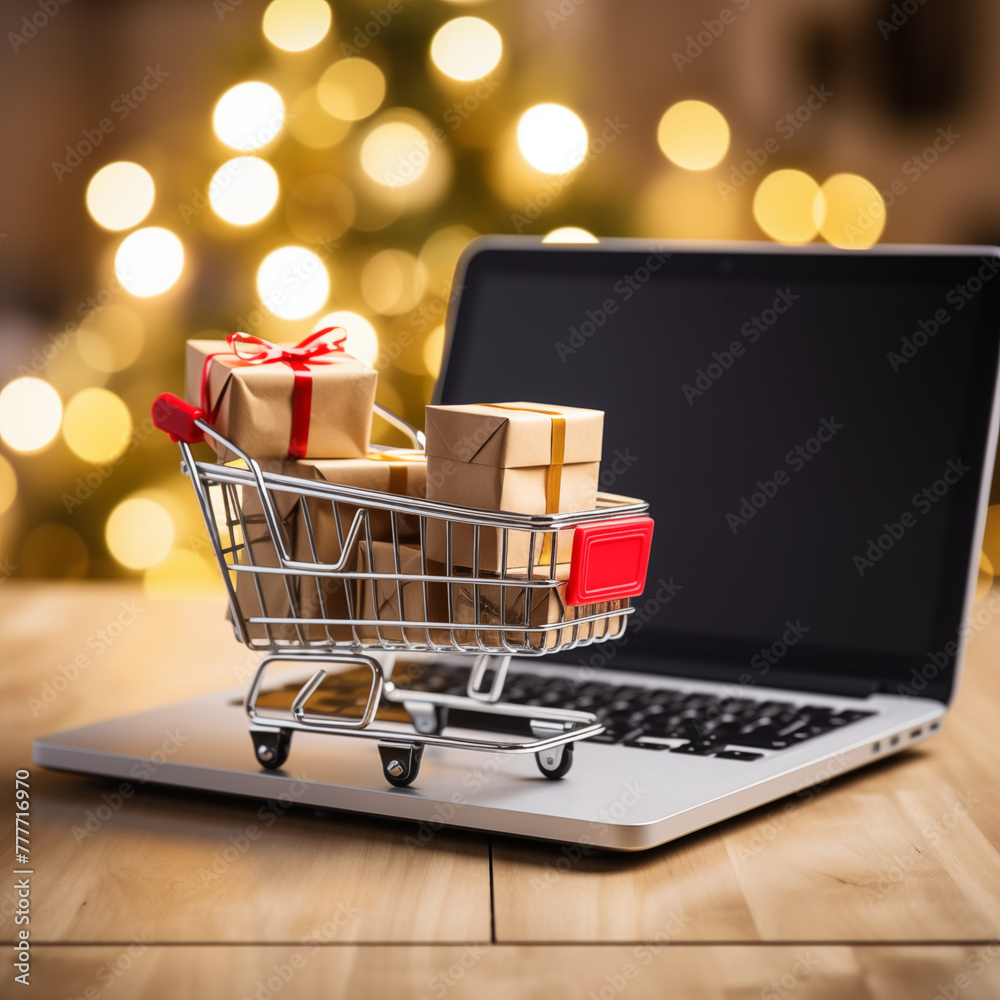 Shopping Cart full of Parcel gift boxes at laptop background. Shopping Online Concept. Buy Gifts online from home