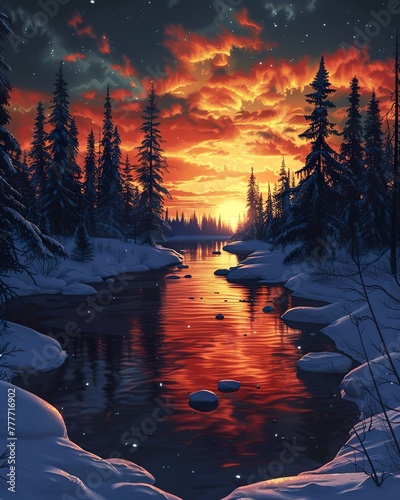 Winter wonderland with Northern Lights, snowy landscape, arctic sky phenomenon,  landscape illustration, background, wallpaper  © Retro graphics