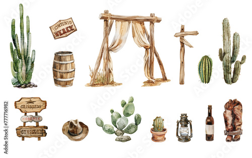 Watercolor wild west set. Western wedding composition with arch, cactus, cowboy boots, hat, ranch elements. Retro scene in country style perfect for print, card design