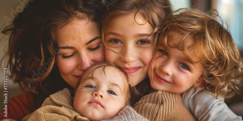 A heartwarming embrace among siblings with their mother, their faces aglow with affection and familial bonds.