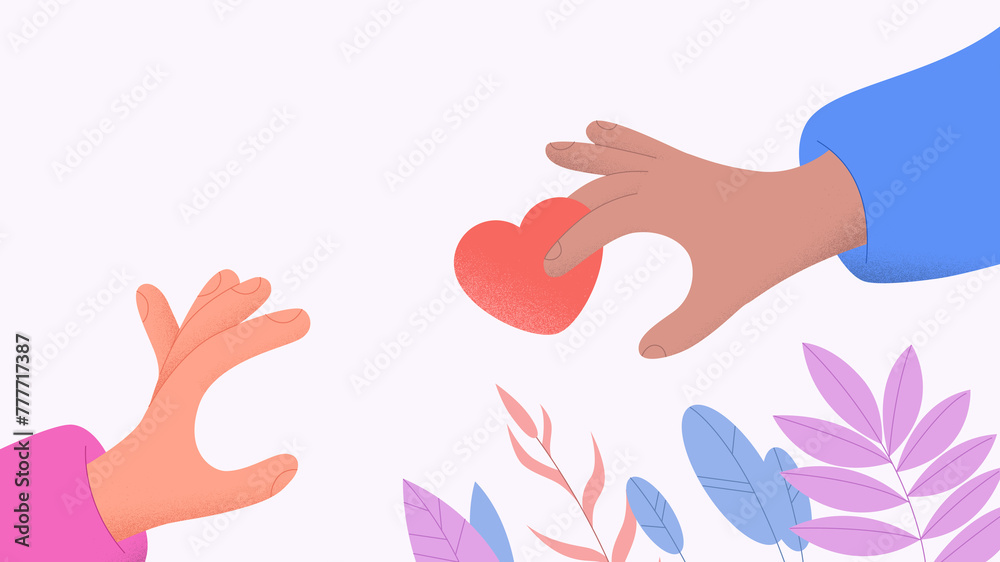 Man giving red heart-shaped Valentine card to woman, romantic gesture Man giving red heart-shaped Valentine card to woman, romantic gesture