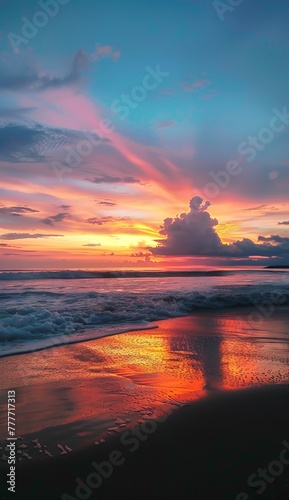 A serene ocean landscape as the setting sun paints the clouds with vibrant hues and casts a glow on the beach