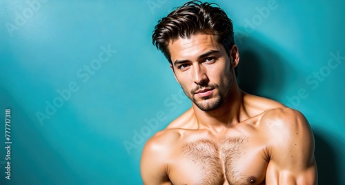 A man with a shirtless torso and a serious expression on his face.