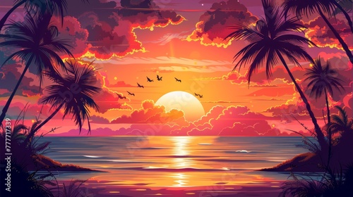 A stylized illustration showcasing a tropical sunset with silhouette of palms  birds and reflective ocean