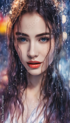 Close-up portrait of a girl in the rain on a blurred background of bokeh lights of a night city