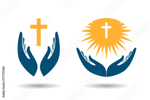 Hands holding cross icons or symbols. Religion, Church vector logo