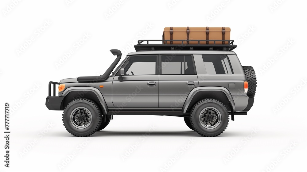 Gray car isolated on white background, SUV with trunk boxes on top isolated on white background Gray car isolated on white background, SUV with trunk boxes on top isolated on white background