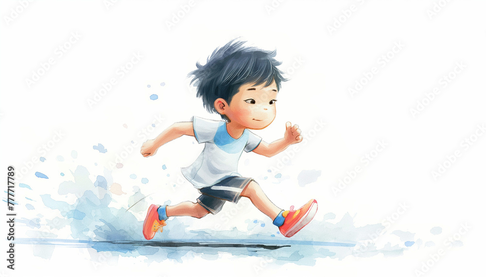 Energetic Boy in Playful Sprint - Watercolor Illustration