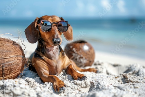 Trendy dachshund dog with sunglasses lays next to a coconut on a sandy beach, exuding a tropical vacation mood