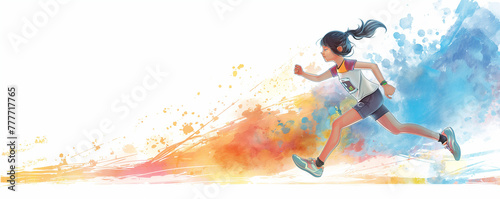 Energetic Female Runner with Vibrant Watercolor Splash