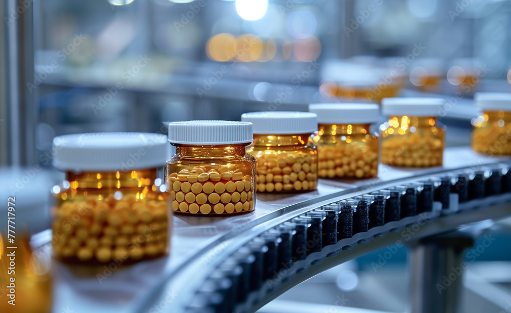 Automated pharmaceutical production line producing small white pills in bottle. The manufacturing process of medical pills on a conveyor belt. Pharmaceutical industry concept.