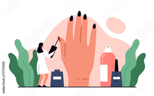 Manicure master with brush doing a manicure, standing near hand. Nail care and beauty treatment aesthetic. Vector illustration in cartoon style. Isolated white background