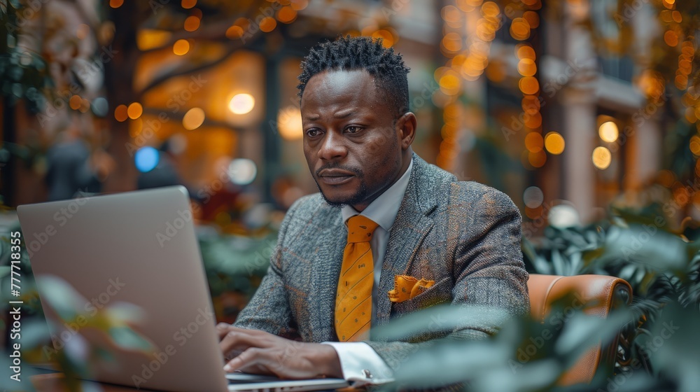 Dapper businessman working on a laptop in a lush indoor setting.