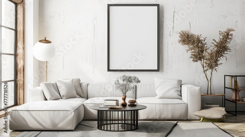 mock poster frame with modern interior living room background.