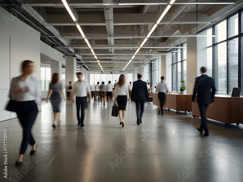 Bright business workplace with people in walking in blurred motion in modern office space. © Orkhan