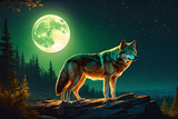 Magic wolf with full green eyes. A werewolf howling at the moon. Horror animal - wolf.