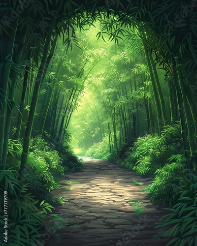 Bamboo forest path  green tranquility  Asian landscape  natural tunnel. wallpaper  nature background 