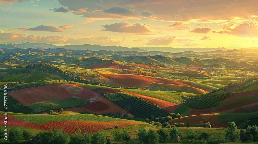 A panoramic view of rolling hills covered in a patchwork of agricultural fields, with different crops creating a mosaic of colors. The setting sun casts long shadows, adding depth and texture 