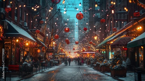 City Escapades: Showcase bustling city streets with holiday shoppers, street performers, and festive decorations, capturing urban holiday vibes