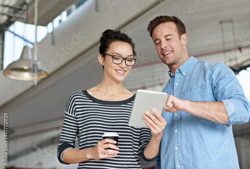 Happy people, creative and pointing with tablet in social media, research or communication at office. Young man and woman with smile on technology for scrolling, online search or startup at workplace