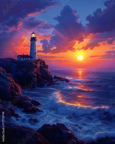 Coastal sunset with lighthouse, maritime navigation, scenic ocean view. wallpaper, nature background 