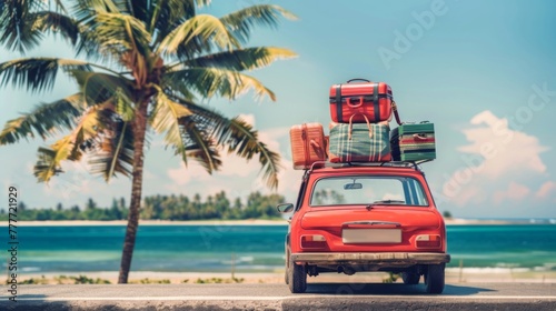 Car with luggage on a tropical beach with a palm. summer vacations © Pelayo